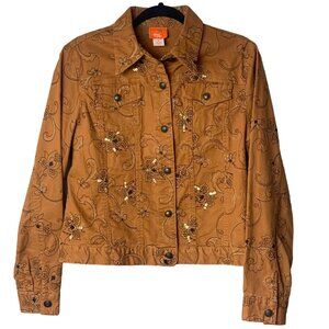 Hearts Of Palm Embellished Button-Up Jacket Size 10 Brown & Gold 98% Cotton 2% S